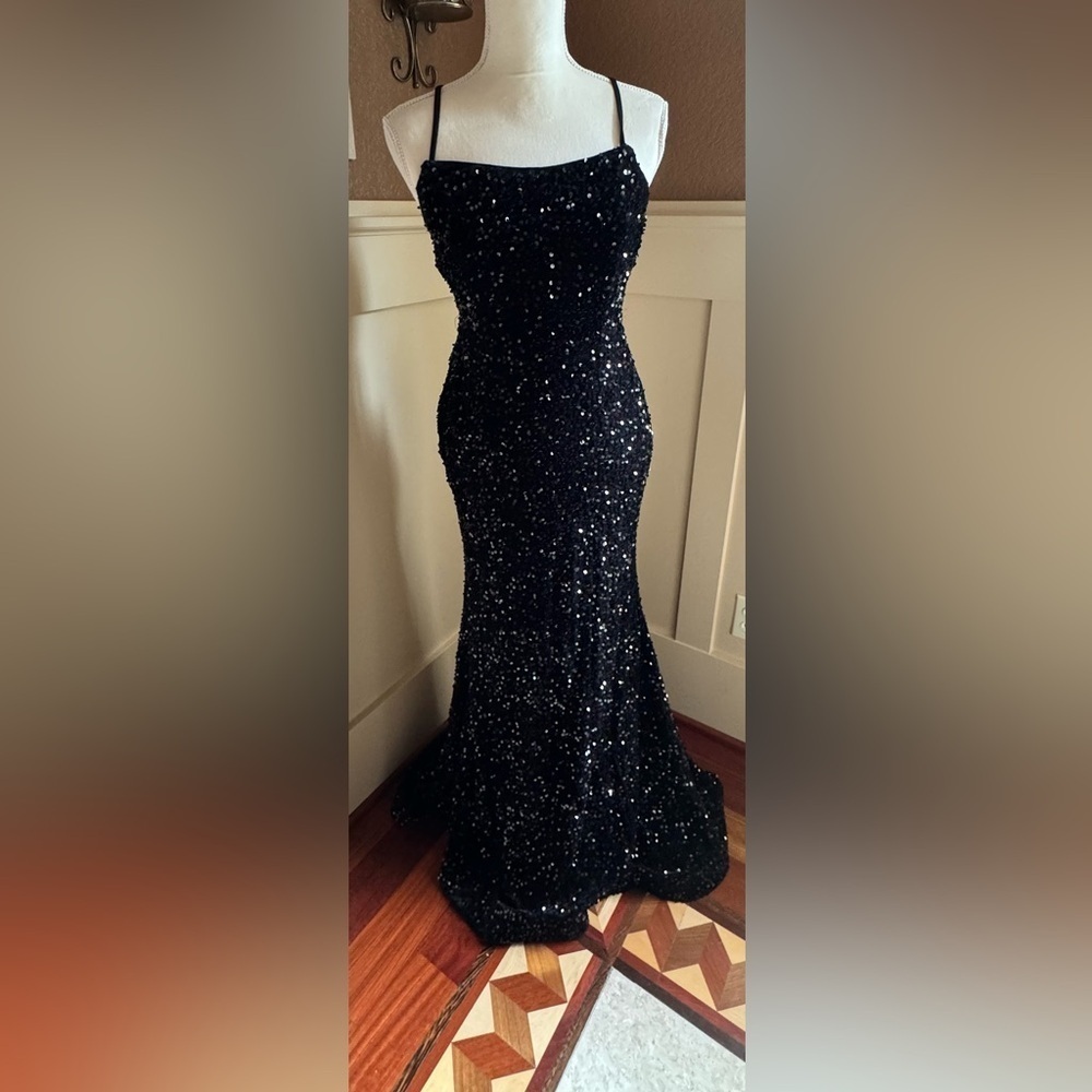 FAERIESTY Sparkling Black Evening Maxi Dress Spaghetti Strap and open back..